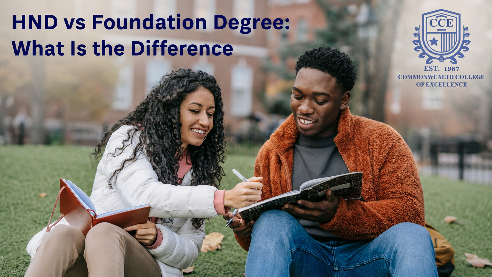 Students discussing study choices for an HND vs foundation degree comparison