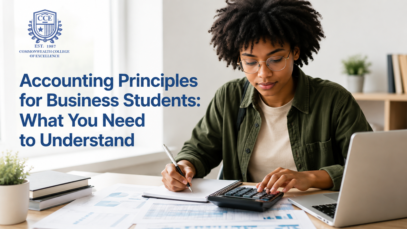 Accounting principles for business students shown with financial documents and a calculator