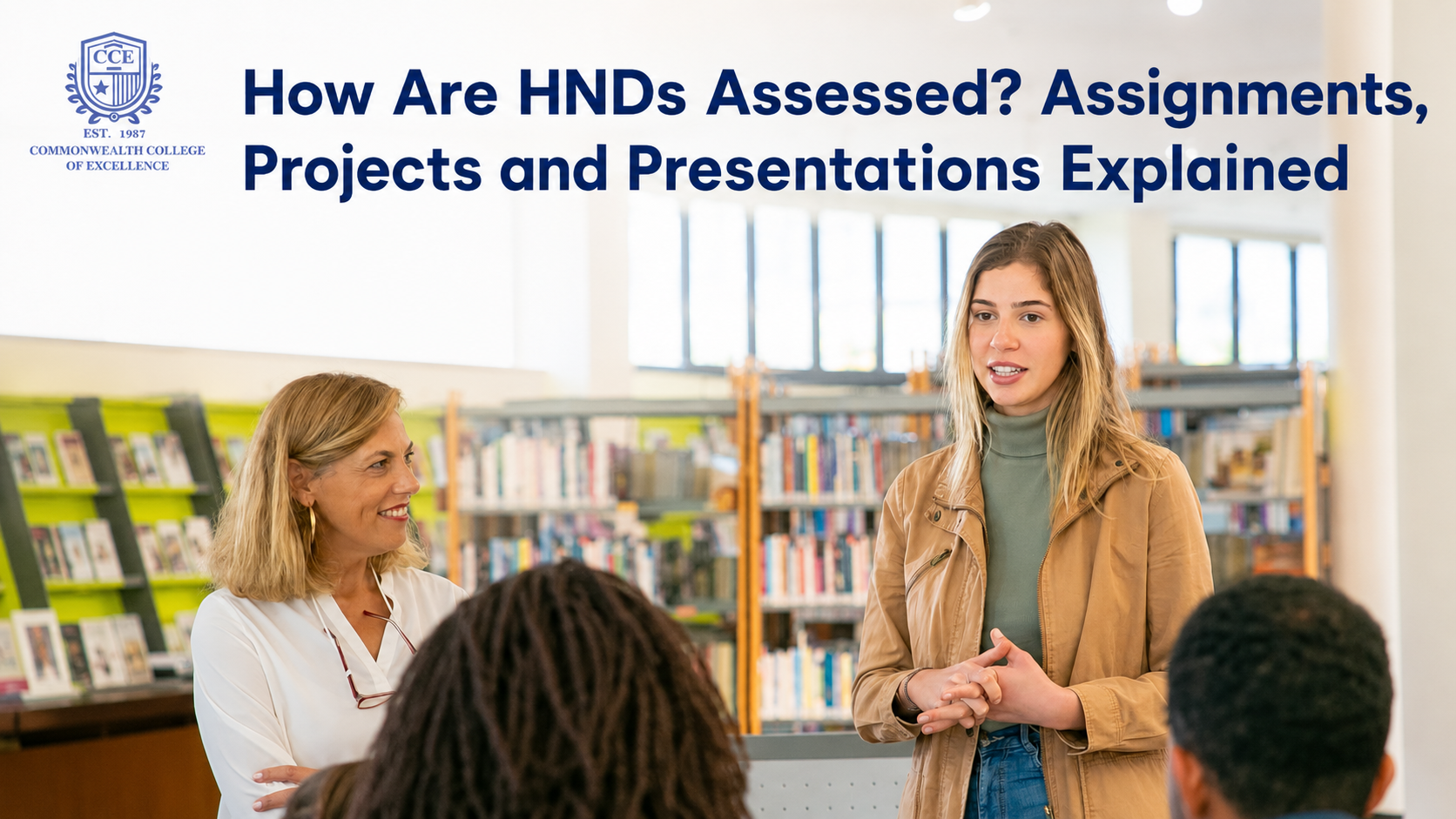 HND assessment presentation with a student explaining a project to classmates
