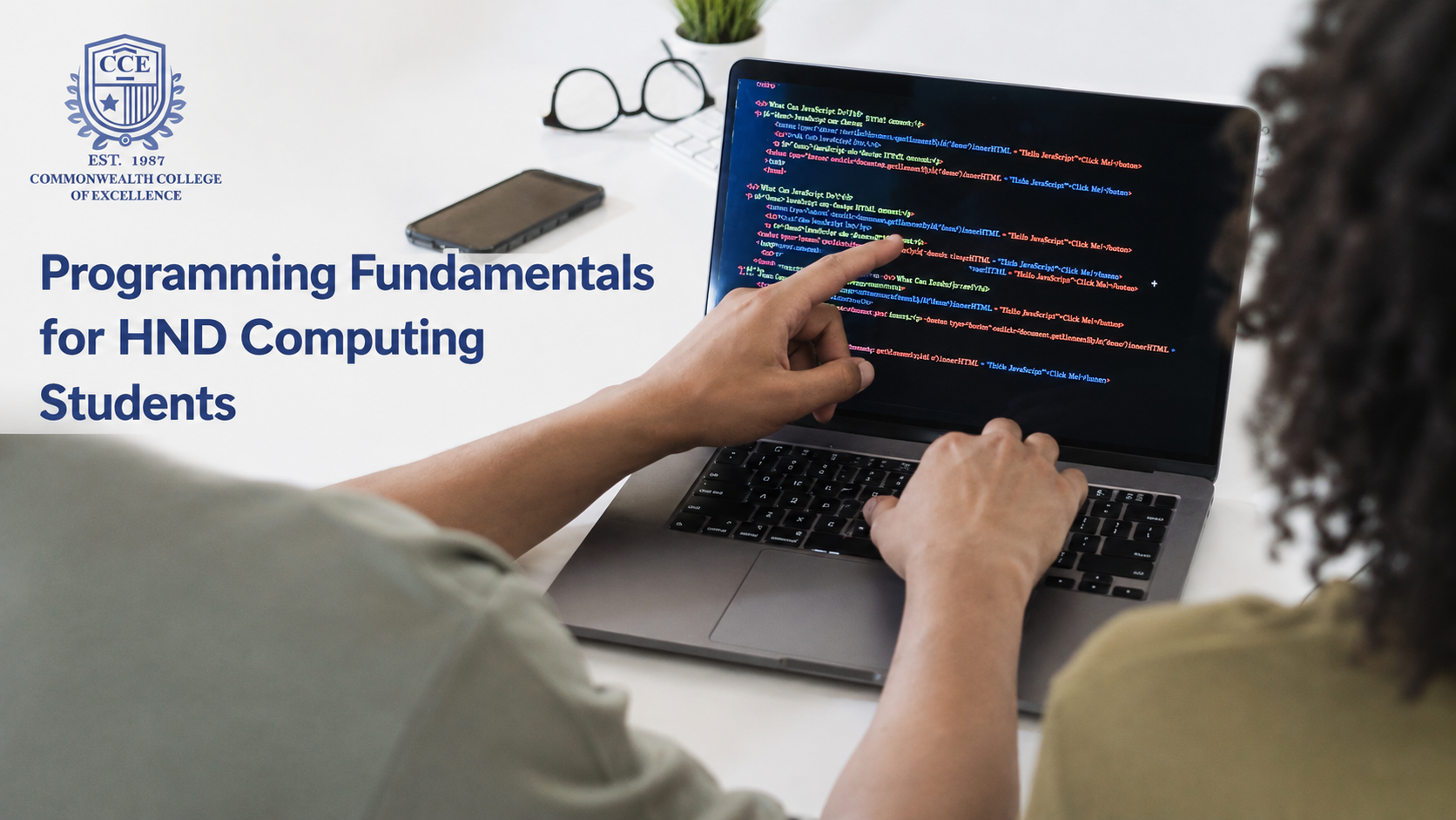 Programming fundamentals for HND students using code on a laptop