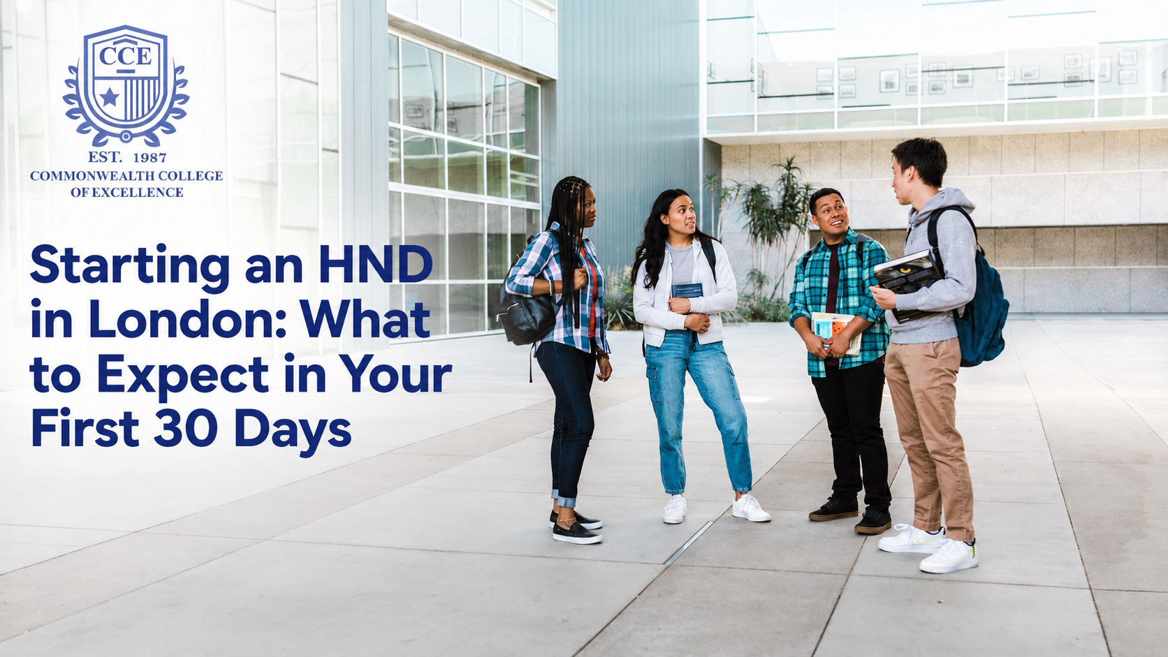 New students meeting on campus while starting an HND in London